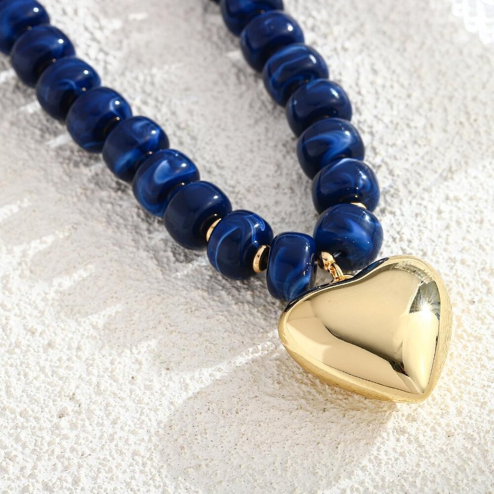 Colorful Chunky Beaded Necklace with Gold Puff Heart Pendant Statement Necklace - Picture 4 of 6